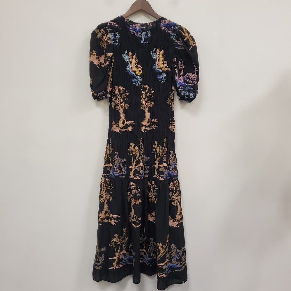 Zara Womens Embroidered Smocked Puff Sleeve Tiered Maxi Dress Size S Toile Asian - Picture 3 of 16